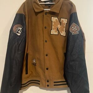 Novamen Captain Rose Varsity Jacket sz XL Brown Black w/ Patches